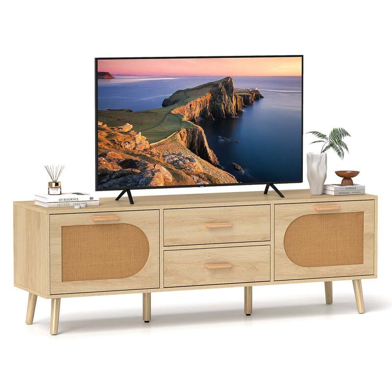 Costway Rattan TV Stand for 65-Inch TV 59" TV Console Cabinet Boho - 59" x 16" x 20" (L x W x H) - Natural - 59" x 16" x 20" (L x W x H)