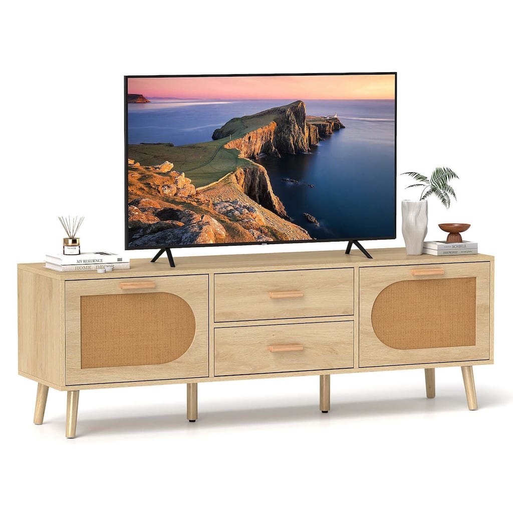 Costway Rattan TV Stand for 65-Inch TV 59" TV Console Cabinet Boho - 59" x 16" x 20" (L x W x H)