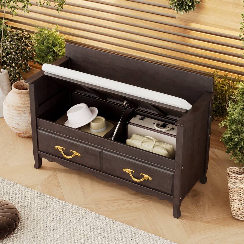 Upholstered Entryway Shoe Bench with Back and Removable Cushion, Wood Storage Bench with Concealed Compartment