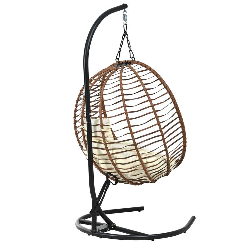 Single Person Folding Egg Chair with Stand, Hanging Egg Chair, Wicker Hammock Swing Chair with Adjustable Anti-Slip Feet