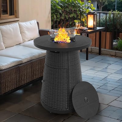 31.5" Wicker Propane Bar Height Fire Pit Table, 40,000 BTU Outdoor Round Gas Fire Table with Fire Glass Stone