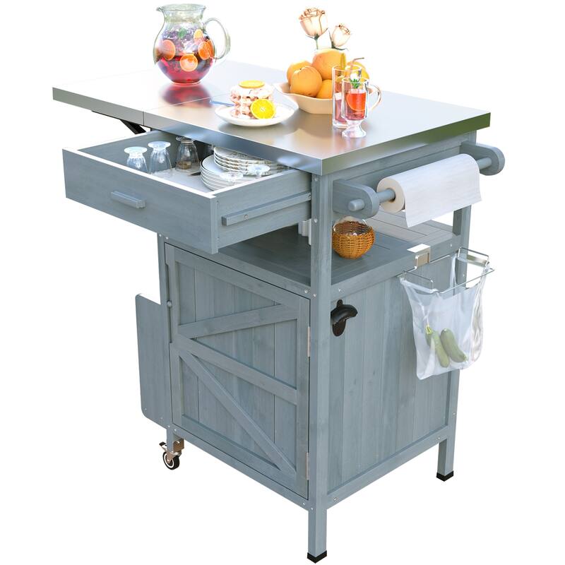 40.5" Outdoor Grill Cart with Stainless Steel Top, Drop Leaf, One Drawer, Towel Rack, Rolling Kitchen Cart with Lockable Wheels