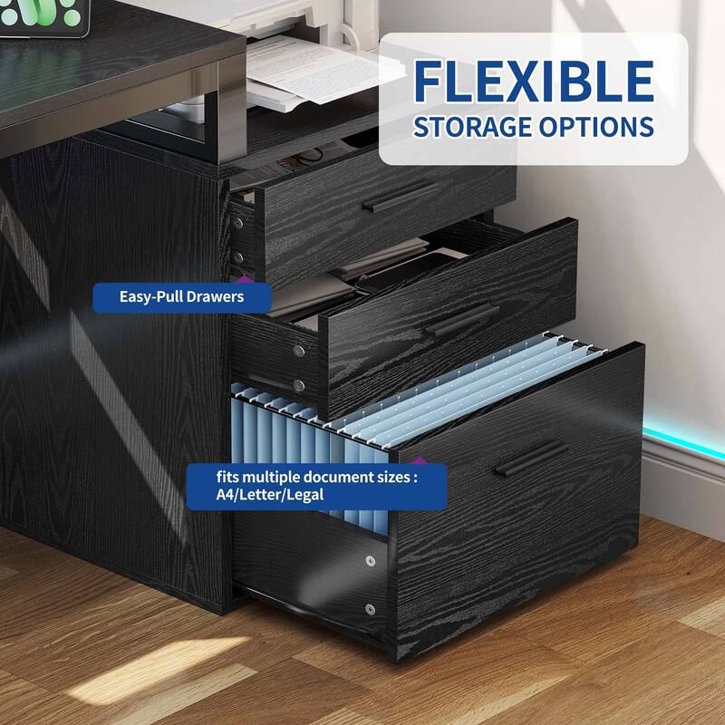 Moasis 65-inch L Shaped Computer Office Desk with Cabinet Drawers Gaming Desk w/Power Outlets & LED Lights