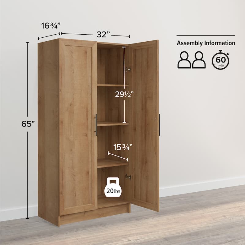Prepac Elite 65" Tall Oak Accent Kitchen Pantry Cabinet, Craft or Bathroom Storage Cabinet, Buffet Storage with Panel Doors
