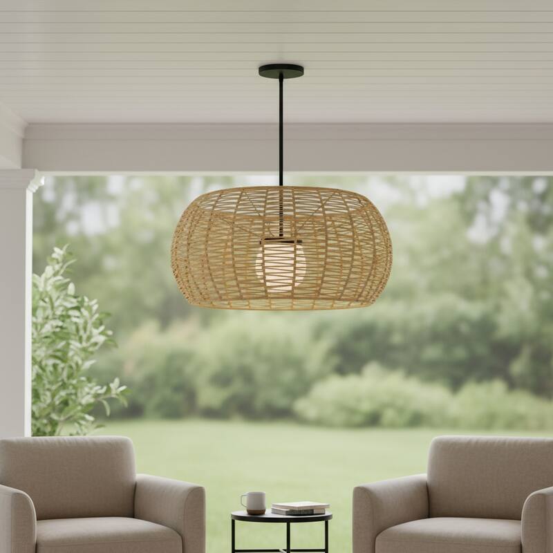 HomeRoots Natural And Black Rattan And Metal LED Dimmable Outdoor Hanging Pendent Light - 32.00' X '16.00' X '32.00 - Black/Natural - 32.00' X '16.00' X '32.00