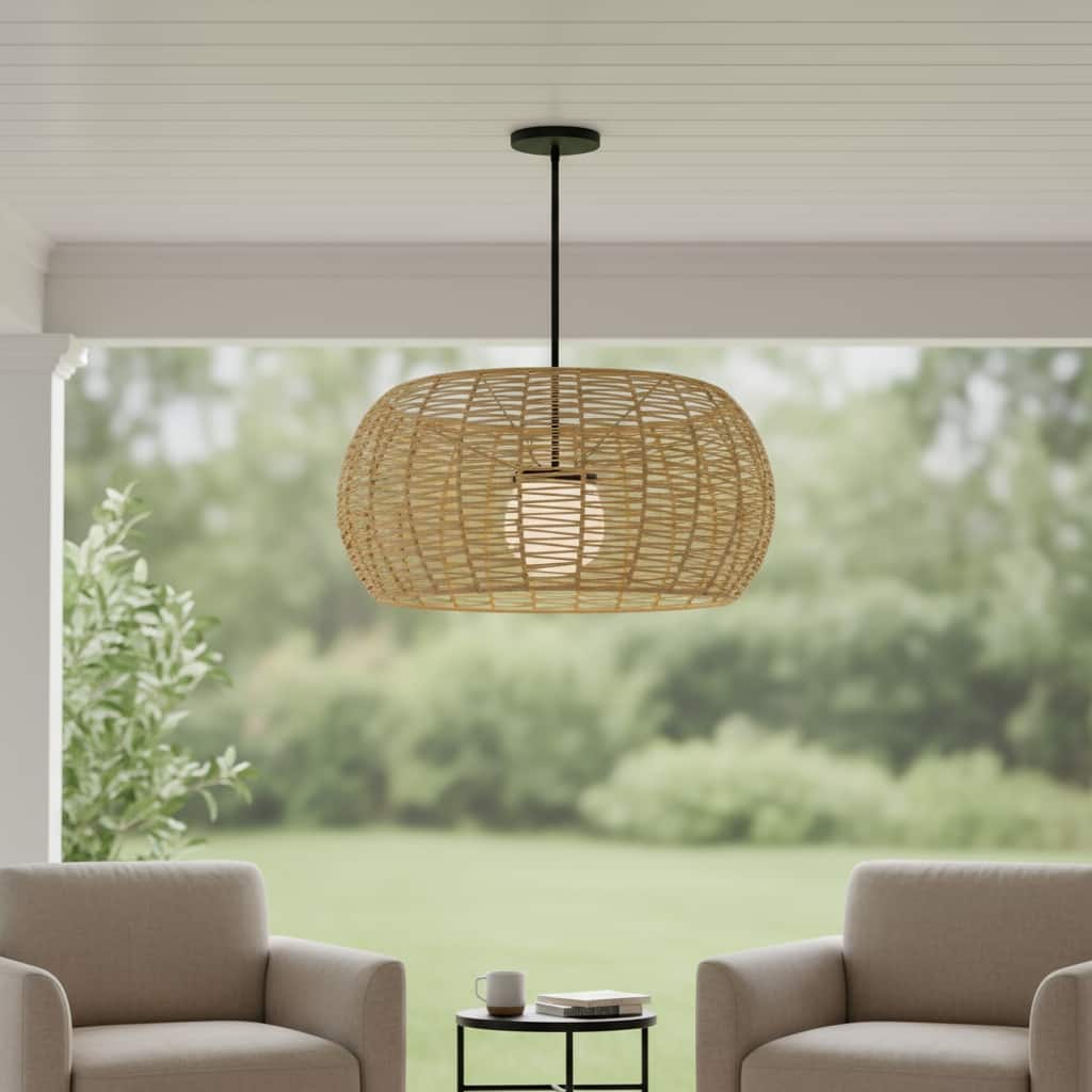 HomeRoots Natural And Black Rattan And Metal LED Dimmable Outdoor Hanging Pendent Light - 32.00' X '16.00' X '32.00