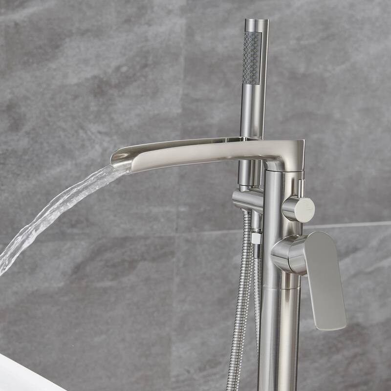 Brushed Nickel Double Handle Floor Mounted Freestanding Tub Filler with Handshower