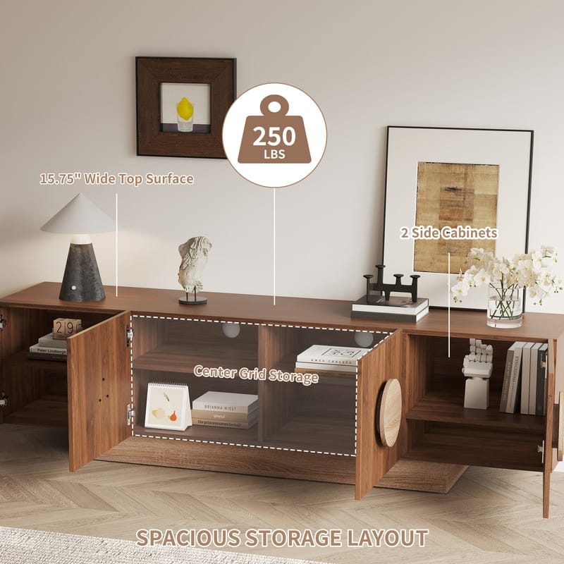 71" Modern Walnut TV Stand with Storage Cabinets & Round Handles, Media Console Entertainment Center for Living Room