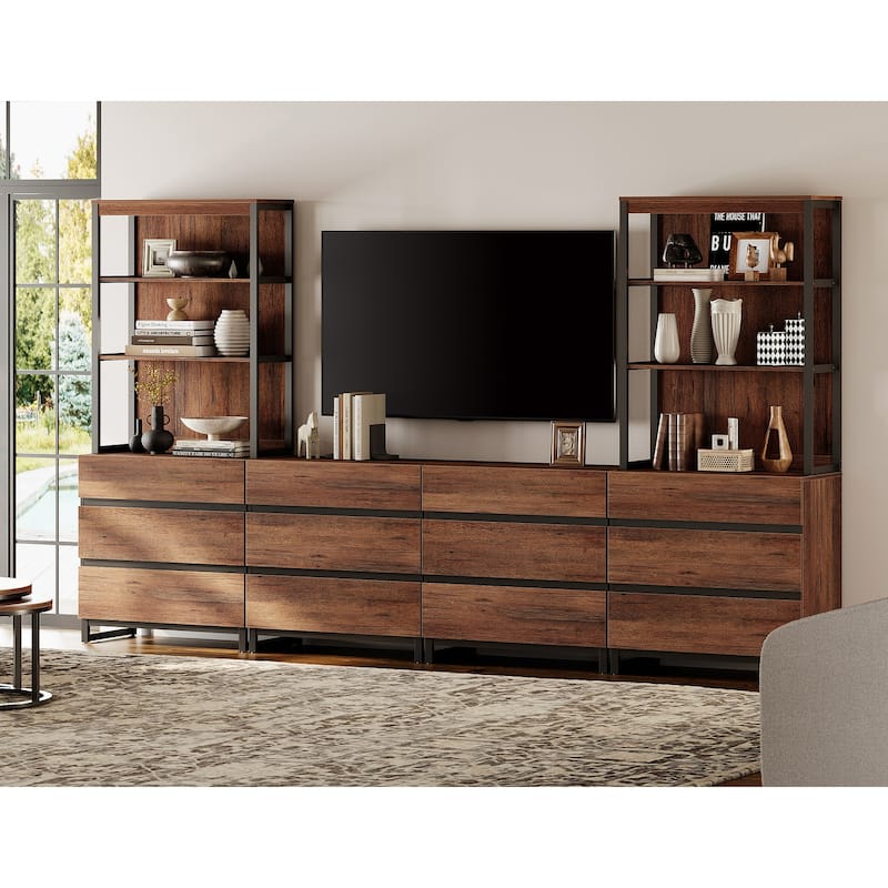 WAMPAT Modern TV Stand with 3 Tiers Bookshelf, Farmhouse Entertainment Center with 12 Drawers and Adjustable Shelf