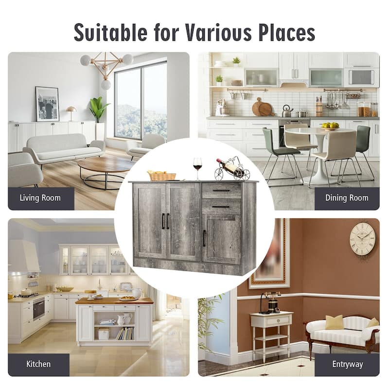Grey Kitchen Buffet Cabinet with Drawers and Adjustable Shelves for Dining Room Storage - 43.5'' x 16'' x 31''(L x W x H)
