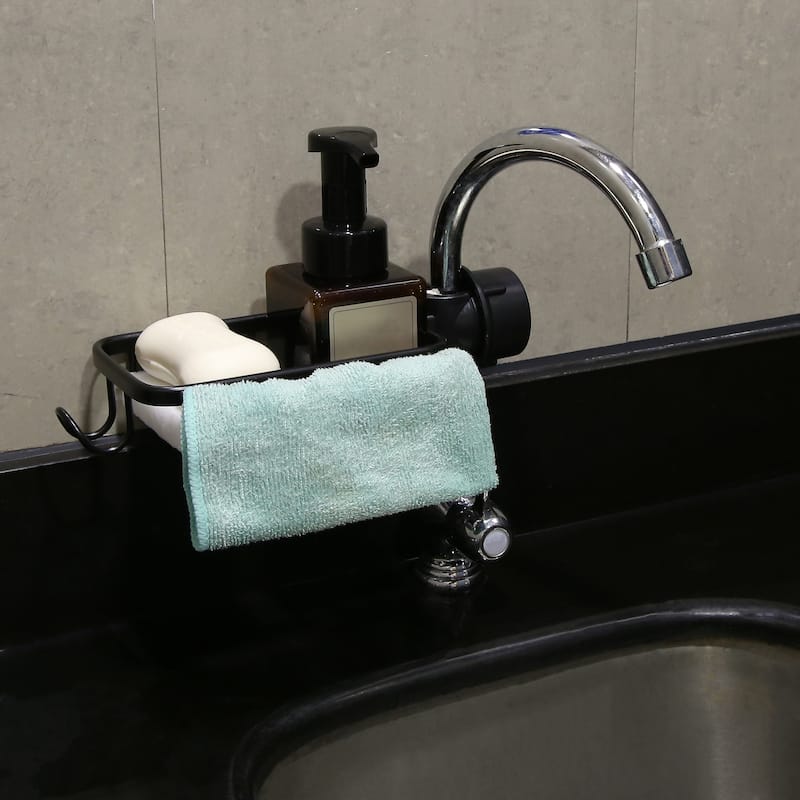 Sink Caddy Sponge Holder Square Aluminum Faucets Caddy Organizer - 10.24"x5.71"x2.56" - Black