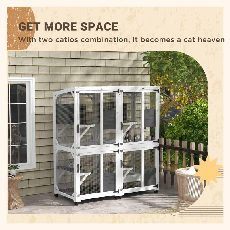 White-Grey Fir Wood Steel Cat Cage with Multi-Level Platforms and Wheels