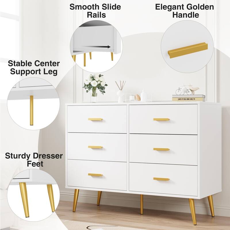 Modern Wooden 6 Drawer Dresser with Vintage Pattern Design