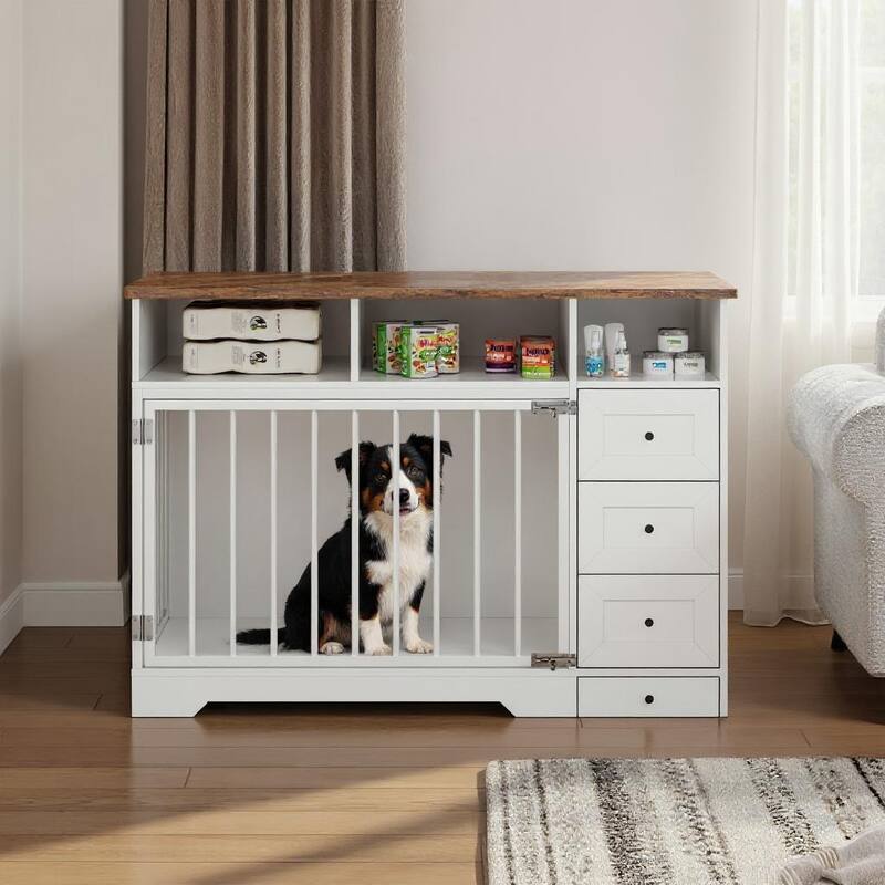 48" Farmhouse Dog Crate Furniture, with Bowl and Storage Drawers - White