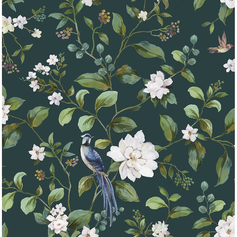 Daisy Bennett Designs Chinoiserie Bird Vine Premium Matte Non-Woven Peel and Stick Wallpaper - 20.5 in W x 18 ft. L - Teal