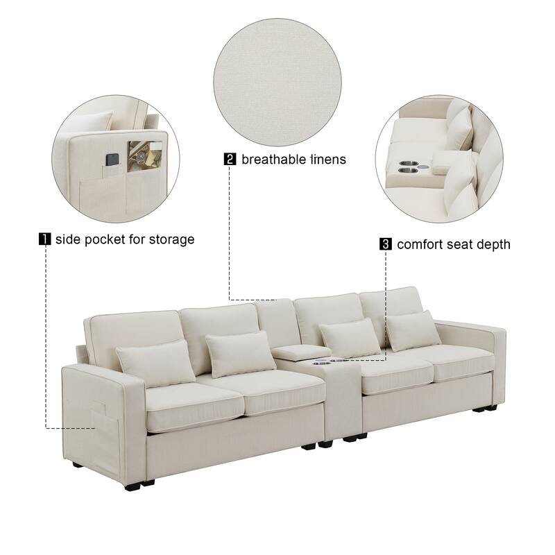 114.2" Linen Fabric Upholstered Sofa with 2 USB Ports and 2 Cupholders