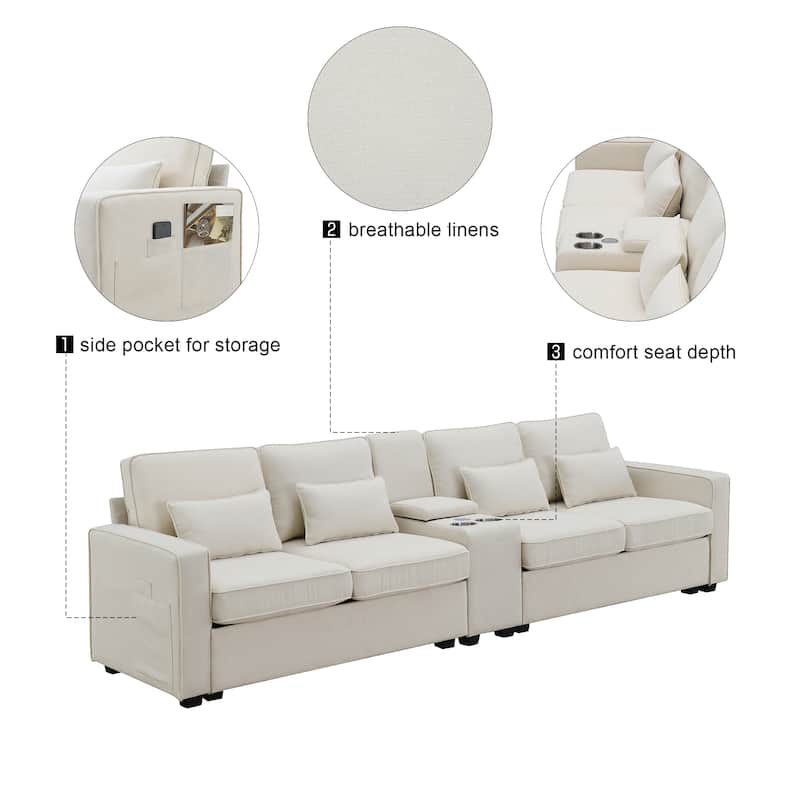 114.2" Upholstered Sofa with Console, 2 Cupholders and 2 USB Ports Wired Modern Linen Fabric Couches with 4 Pillows (4-Seat)