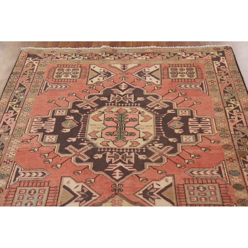 Pink Geometric Meshkin Persian Vintage Area Rug Handmade Wool Carpet - 4'11"x 9'10"