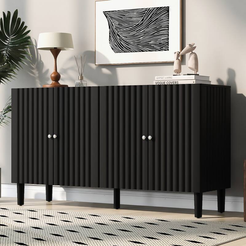 Anmytek Black Ribbed Sideboard Cabinet Modern Dining Room Storage with Four Textured Doors