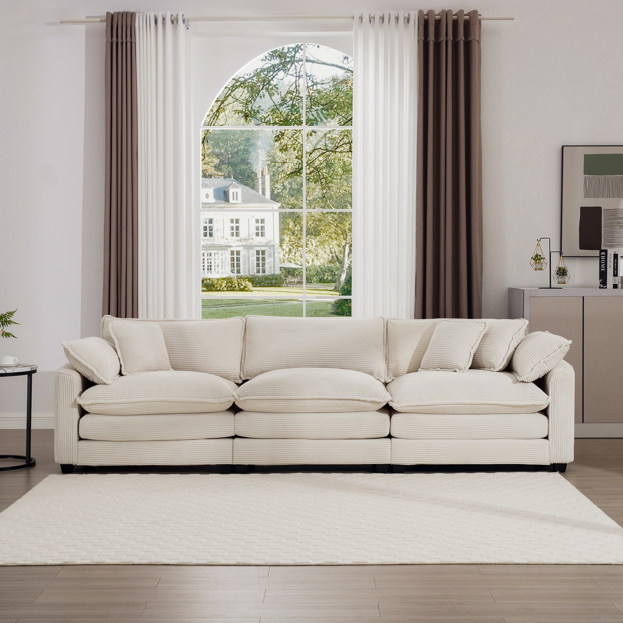 Mid Century Modern Sofa 3 Seater Sectional Sofa with 2 Arm Pillows and 3 Throw Pillows Tan