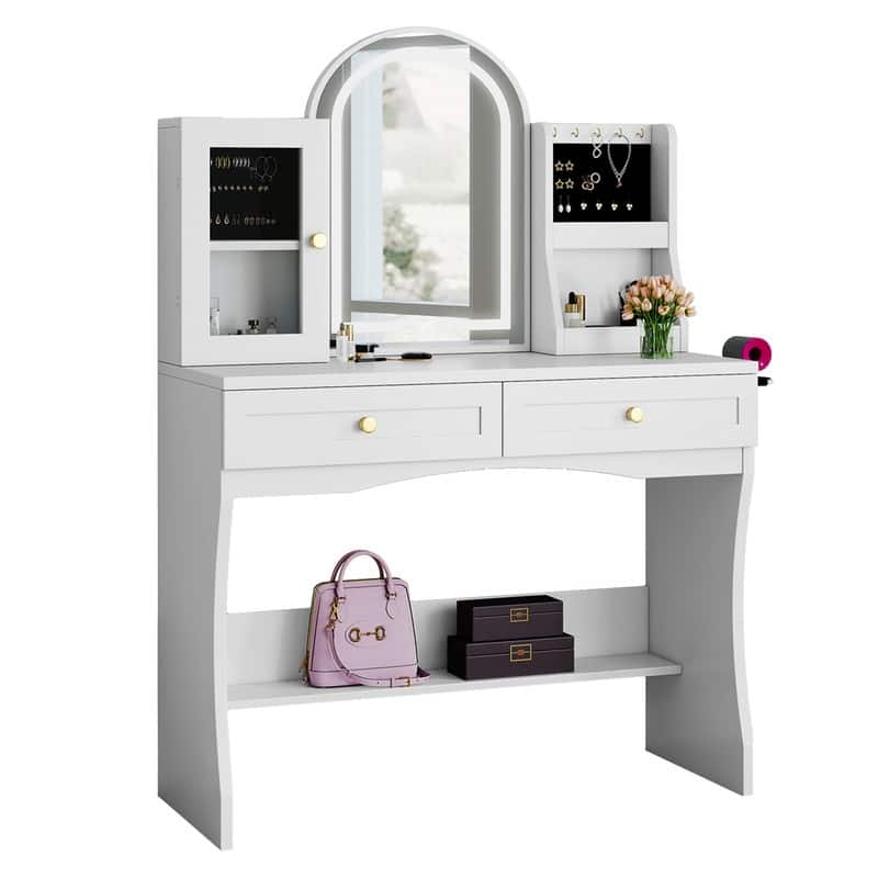 Moasis 35.5-inch Makeup Vanity Desk with Arc-Shaped Mirror and Power Outlets