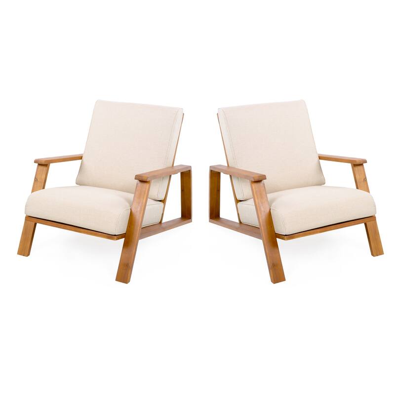 Patio Lounge Chair Set of 2 – Premium Acacia Wood Frame Outdoor Club Chairs with Beige Cushion, Ideal for Deck & Garden