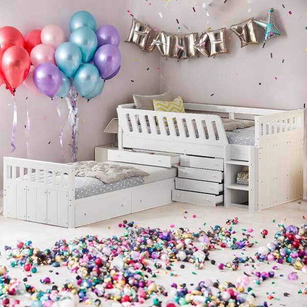 slide 2 of 30, Twin Loft and Twin Platform Bed with 7 Drawers and Guardrails, White White