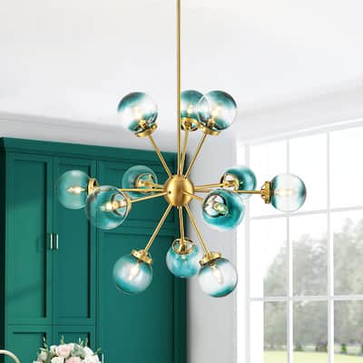 12-Light Modern Glam Brushed Gold Linear Sputnik Gradient Blue Glass Globe Bubble Chandelier - 37.7 in. W x 30.3 in. H