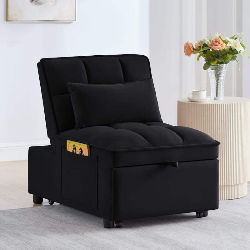Multi-Function Single Sofa Bed with Storage Pockets, Adjustable Backrest, Convertible Chaise Lounge in Black