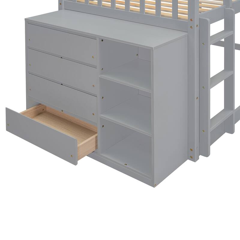 Twin Over Twin Bunk Bed with Storage, 4 Drawers, 3 Shelves, Gray Finish