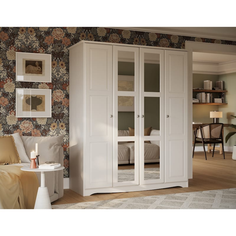 100% Solid Wood Regal 4-Door Wardrobe Armoire by Palace Imports - White-Mirrored Doors-Metal Knobs