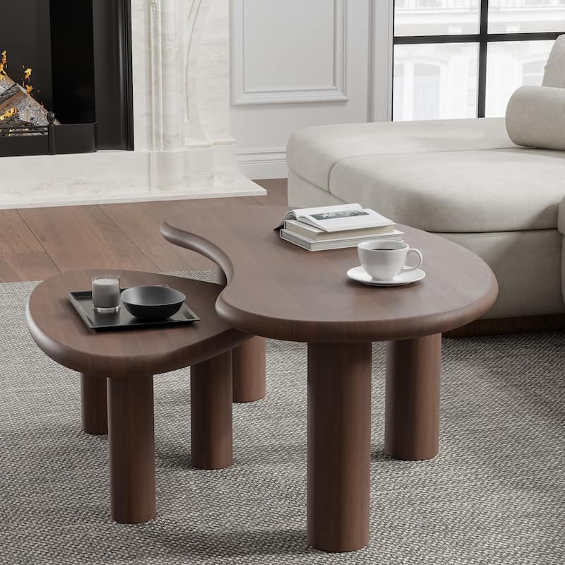 Modern Nested Coffee Tables Set 2-Piece Irregular Shaped Solid Wood Accent Tables for Home Office Living Room