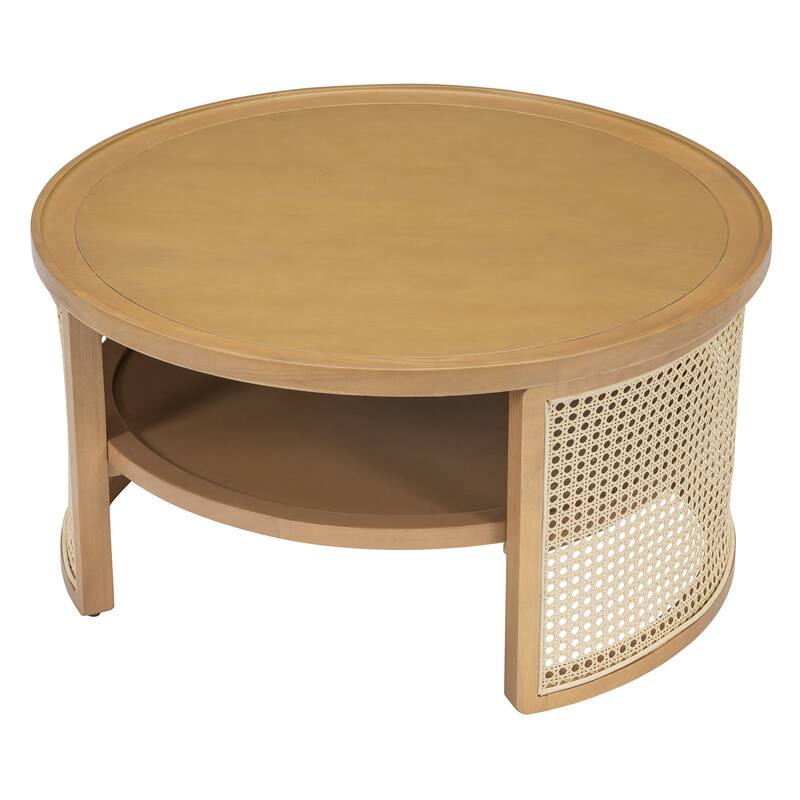 2-Tiered Round Wood Coffee Table with Storage Rattan Base in 31.3''