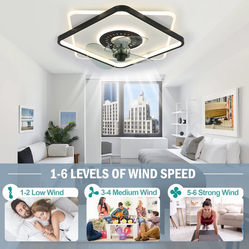 Oaks Aura 20in. Square Low Profile Ceiling Fan with Light, Flush Mount Remote Control Ceiling Fan for Bedroom - Black