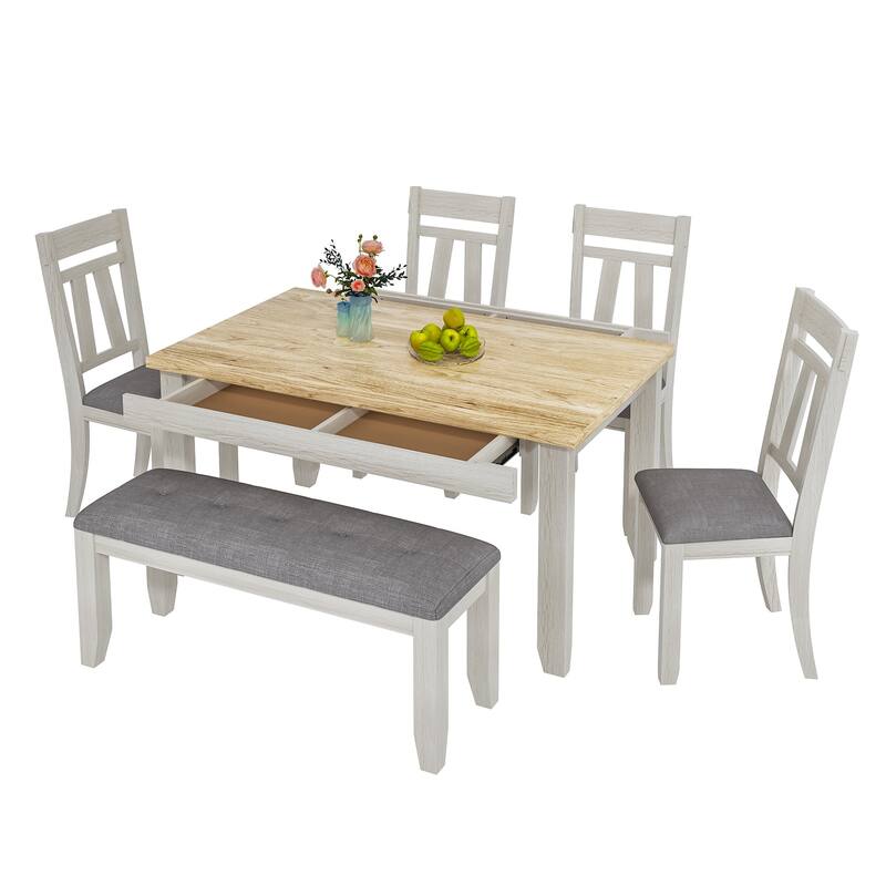 Javlergo 6 Piece Dining Table Set with Bench, Solid Wood Kitchen Table Set with 4 Upholstered Chairs and Bench for Kitchen