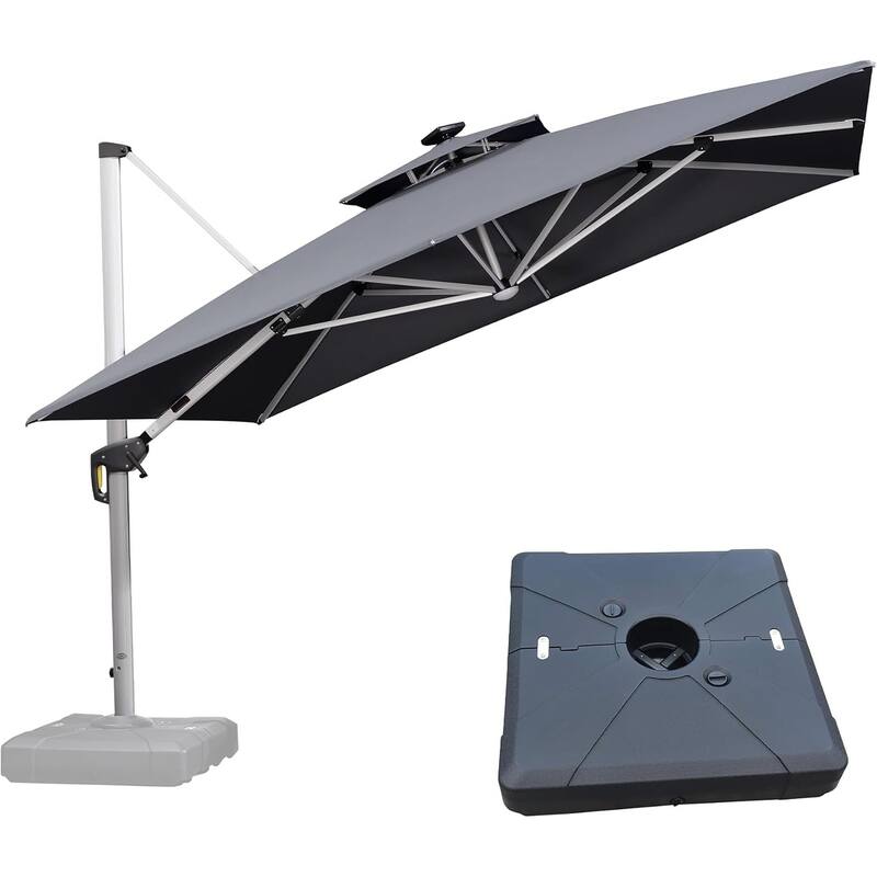 PURPLE LEAF 11 ft Double Top Solar Powered LED Square Patio Cantilever Umbrella with Base - Grey