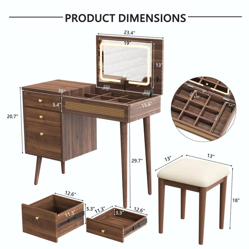39" Retro Bohemian Style Vanity Desk with Mirror & LED Lights, Flip-Top Dressing Table with 3 Drawers, 10 Compartments