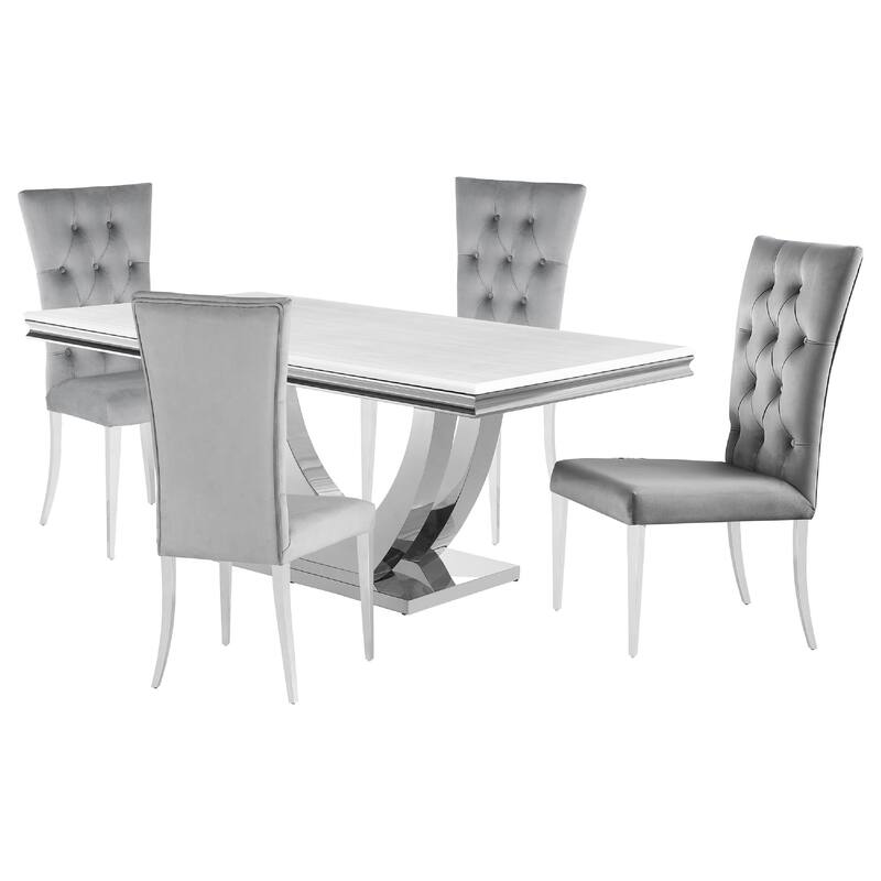 Kery 5pc Dining Table Set, Modern Gray Faux Marble Top, 4 Side Chairs