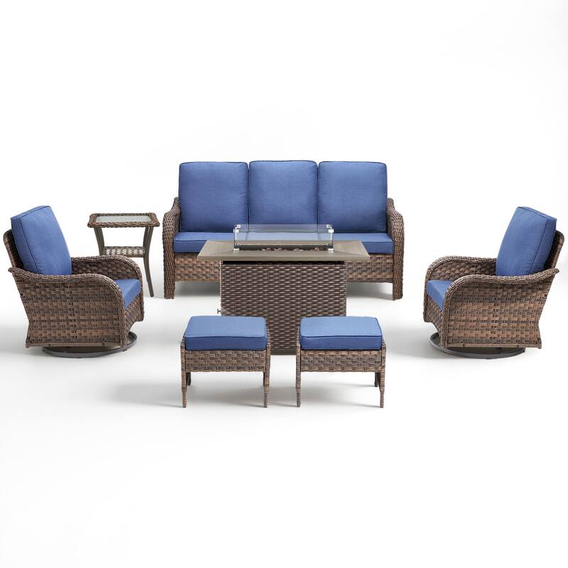 Pocassy Patio Funiture Sofa Swivel Chairs Ottoman with Fire Table Set