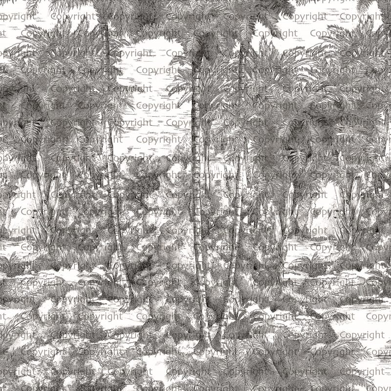 Monochrome Jungle Hand-Drawn Tropical Wallpaper Mural - Black - W:175" x H:118"