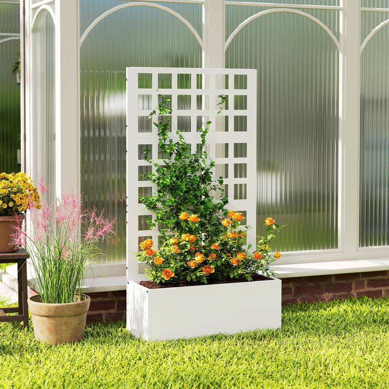 Outsunny Galvanized Raised Garden Bed with Trellis, Metal Planter Box with Drainage Holes