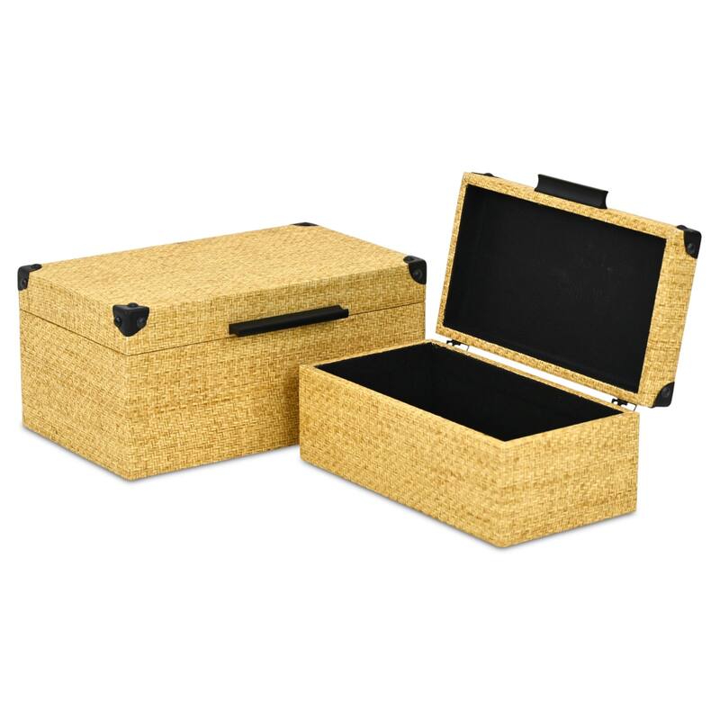 Ferelith Set of 2 Rectangular Decorative Storage Boxes - Light Brown Wicker Rattan Pattern