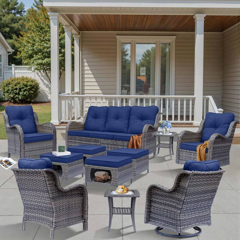 11 Piece Outdoor Wicker Patio Conversation Furniture Swivel Chairs Set