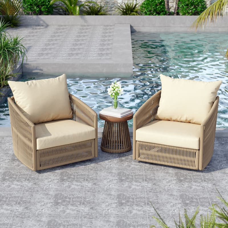 3 Piece Patio Woven Rope Swivel Chair Seating Group with Cushions - Khaki