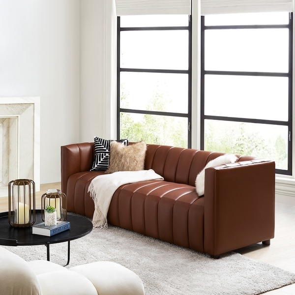Olinto Modern Camel 83-Inch Genuine Leather Curved Couch