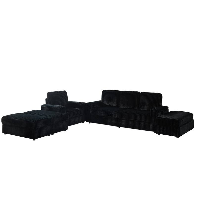 3-seater Modern Sofa with Corduroy Single Sofa, Cup-holding Grooves and 3 Ottomans