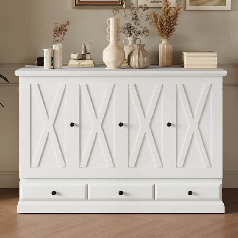 Solid Pine Murphy Bed with Charging Station and Large Storage Drawer for Home Office or Small Room - White - Queen