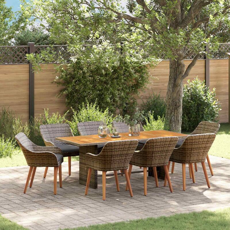 vidaXL Garden Dining Set with Cushion 9 pcs Grey Poly Rattan - 24.61 x 21.65 x 32.28 in - Grey-2
