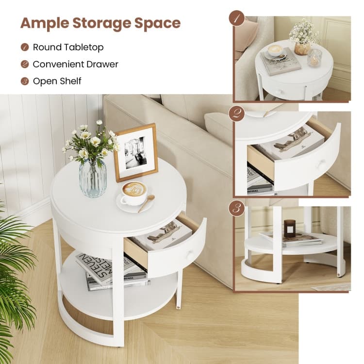 2-Tier Round Nightstand End Table with Drawer and Shelf - 19.5" x 19.5" x 24"
