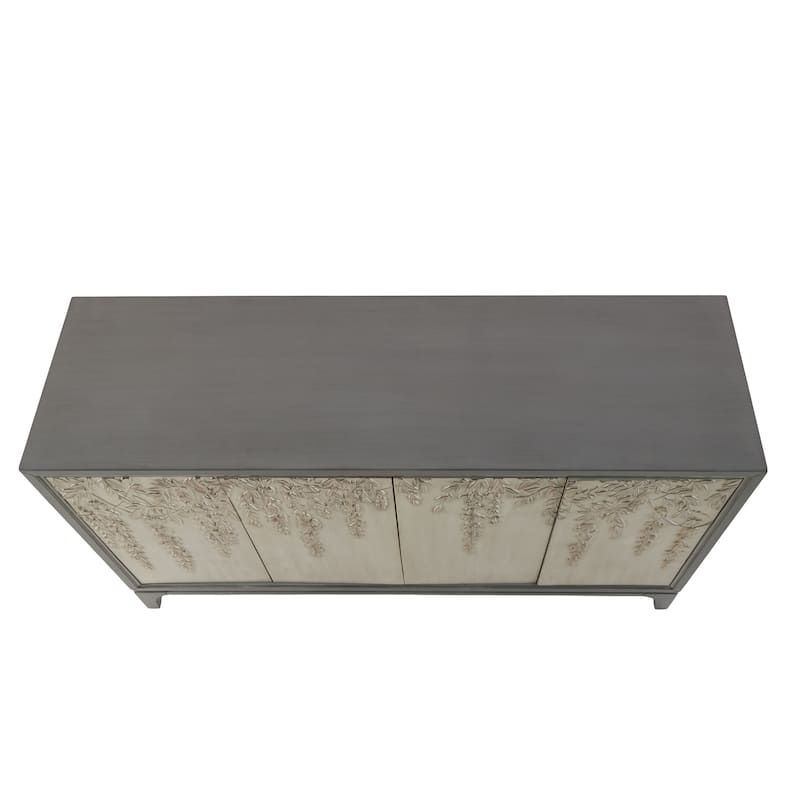 Wooden Floral Relief 4 Door Sideboard with Cream Front Doors and Cascading Leaf Design - Gray - Roche River Decor